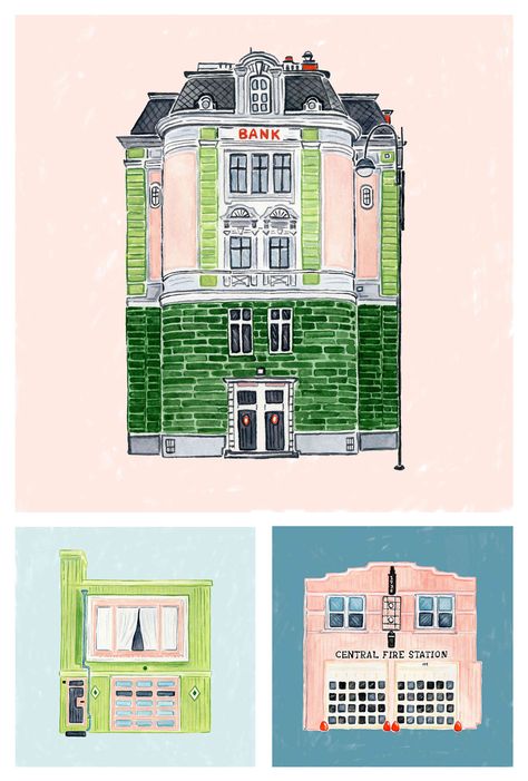 Gouache illustrations of Wes Anderson inspired houses Wes Anderson Graphic Design, Wes Anderson Painting Ideas, Wes Anderson Architecture, Wes Anderson Style Illustration, Wes Anderson Illustration, Wes Anderson Sketch, Wes Anderson Painting, Wes Anderson Aesthetic Architecture, Wes Anderson Art Prints