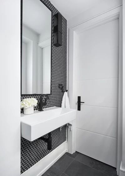 Black And White Powder Room, Powder Bathroom Ideas, Powder Room Tile, Tiny Powder Rooms, Contemporary Powder Room, Modern Powder Rooms, Modern Powder Room, Powder Room Decor, Powder Room Design