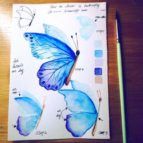 2 How to draw a watercolor butterfly step by step - Hinewme Butterfly In Watercolor, Watercolor Bugs, Butterfly Step By Step, Butterfly Drawings, Watercolor Pencil Art, Butterfly Tutorial, Watercolor Beginner, Watercolor Butterfly, Seni Dan Kraf