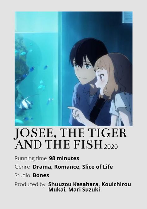 Josee, the Tiger and the Fish Anime Minimalist poster 😊 Information taken from myanimelist.net and wikipedia.org The Tiger And The Fish, Tiger Fish, Poster Information, Anime Minimalist Poster, Minimalist Posters, Anime Reccomendations, The Tiger, Fish Art, Slice Of Life