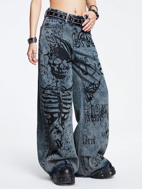 Skull & Letter Graphic Wide Leg Jeans, School Blue    Denim Halloween,Letter Wide Leg Non-Stretch  Women Clothing, size features are:Bust: ,Length: ,Sleeve Length: Skull Painted Jeans, Punk Painted Jeans, Shien Jeans, Jeans Painting Ideas, Alt Pants, Jean Painting Ideas, Clothes From Shein, Jeans Painting, Graffiti Jeans