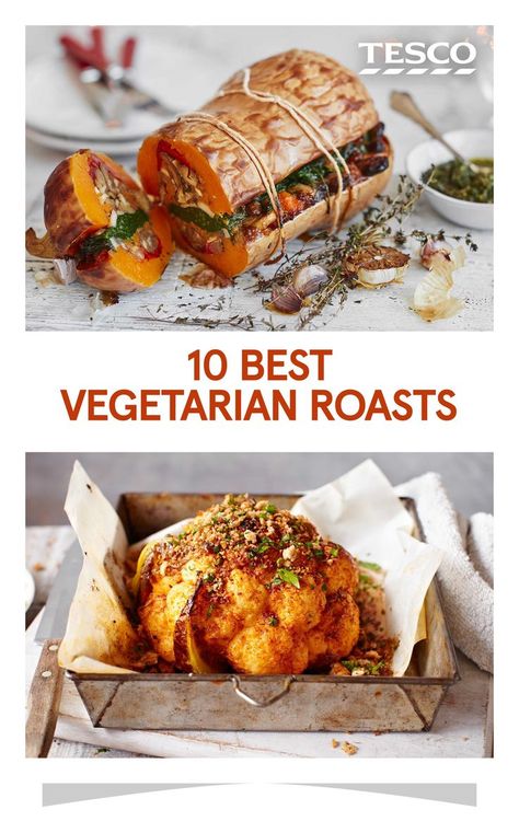 From tasty nut roasts to a meat-free take on toad in the hole, these delicious vegetarian roast dinner recipes are full of flavour and tasty enough to satisfy vegetarians and meat lovers alike. | Tesco Roast Dinner Ideas, Vegetarian Roast Dinner, Dinner Ideas Vegetarian, Roast Dinner Recipes, Vegetarian Christmas Recipes, Vegetarian Roast, Toad In The Hole, Vegetarian Christmas, Tesco Real Food