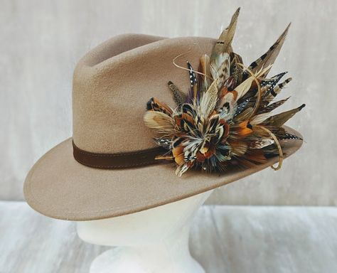 Hemstock and Sparkes- Bespoke Beige Pheasant Feather Fedora Hat, Shooting Hat, Race Day Hat, Feather pins Fedora Hat With Feathers, How To Decorate A Fedora Hat, Feather Hat Pin, Feathers For Hats, Boho Fedora Hat, Decorated Fedora Hats, Cowboy Hat With Feather, Women Cowboy Hats, Hats With Feathers