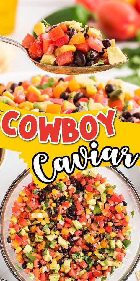 This easy recipe for Cowboy Caviar (a.k.a. Texas Caviar or Mexican Caviar) is healthy and hearty and filled with a simple but flavorful blend of wholesome ingredients. It takes mere minutes to combine beans with a colorful medley of fresh vegetables and avocado, toss it in a tangy dressing, and then serve it as a party dip, a fun side, or a salad topper. Mexican Caviar, Hockey Decorations, Work Potluck, Texas Caviar, Tailgate Recipes, Vegan Dips, Vegetable Dip, Pinky Girl, Party Dip