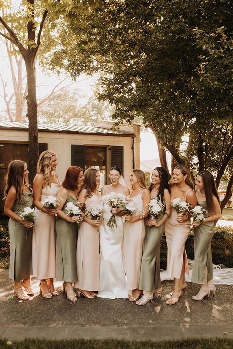 Olive And Champagne Bridesmaid Dresses, Different Shade Of Bridesmaid Dresses, Ecru Bridesmaid Dresses, Gold And Sage Bridesmaid Dresses, Wedding Sage Green And Champagne, Two Color Bridesmaid Dresses, Spring Mix And Match Bridesmaid Dresses, Modern Contemporary Wedding, Neutral And Green Bridesmaid Dresses