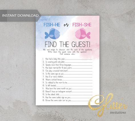 Fishe Or Fish Gender Reveal, Fish He Or Fish She Gender Reveal, Gender Reveal Games Printables, Fishing Theme Gender Reveal, Gender Reveal Games For Guests, Guest Games, Fishing Gender Reveal, Find The Guest Game, Baby Q Shower