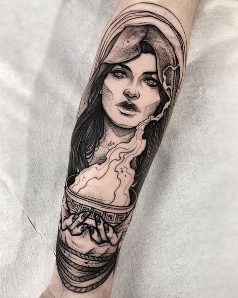 Beautiful Goddess Hestia Tattoos Female Portrait Tattoo Design, Aqua Tattoo, Blackwork Tattoo Sketch, Greek Goddess Tattoo, Aphrodite Tattoo, Athena Tattoo, Zeus Tattoo, Statue Tattoo, Goddess Tattoo