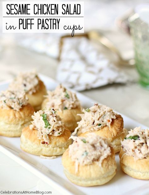 SESAME CHICKEN SALAD IN PUFF PASTRY CUPS Puff Pastry Cups, Sesame Chicken Salad, Luncheon Recipes, Pastry Cups, Puff Pastry Chicken, Best Chicken Salad Recipe, Luncheon Menu, Bridesmaids Luncheon, Luncheon Ideas