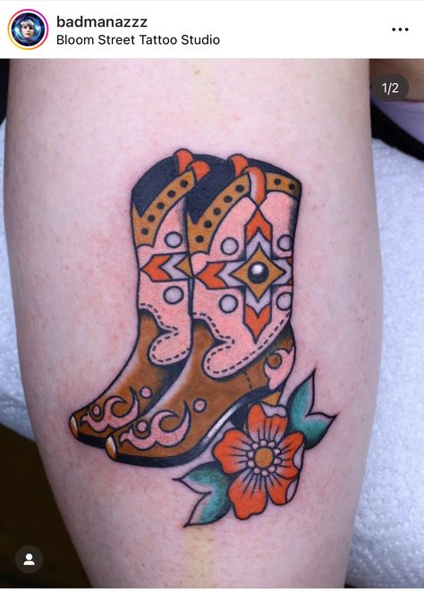 Traditional Cowboy Boots Tattoo, Cowboy Hat Tattoo With Flowers, Cowboy Boots Tattoo, Western Flash, Skin Doodles, Cowboy Boot Tattoo, Cowboy Hat Tattoo, American Traditional Sleeve, Cowboy Tattoo