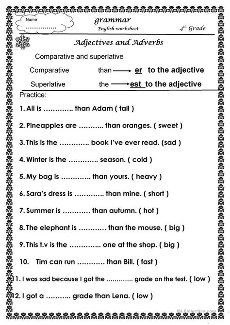 comparative and superlative - English ESL Worksheets for distance learning and physical classrooms Year 2 English Worksheets, Comparative Adjectives Worksheet, Third Grade Grammar Worksheets, Teaching Adjectives, Comparative And Superlative, Adverbs Worksheet, 2nd Grade Grammar, Adjectives Activities, Materi Bahasa Inggris