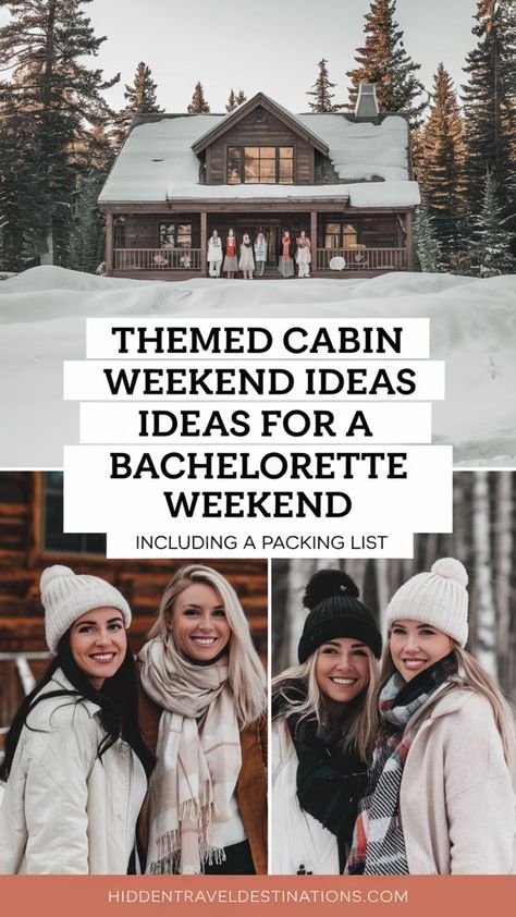 Themed Cabin Weekend Ideas for a Bachelorette weekend. 7 items you shouldn't forget.  the girl's trip of your dreams with these fun and creative cabin weekend trip ideas! Discover themes like a bachelorette party, a sister bonding weekend, or a relaxing spa escape. Plus, check out our essential packing list to make sure you have everything you need! Ski Lodge Party College, Cabin Weekend Ideas, Weekend Trip Ideas, Delicious Food Ideas, Essential Packing List, Ideas With Friends, Cabin Weekend, Packing Essentials List, Spa Weekend