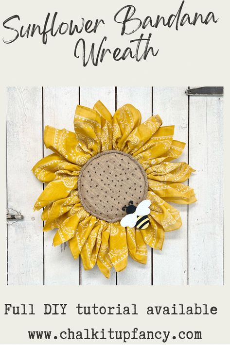 Wreath made out of yellow bandana’s Sunflower Door Wreath Diy, Yellow Bandana Sunflower Wreath, Easy Sunflower Wreath Diy, Single Wire Wreath Ideas, Easy Bandana Sunflower Wreath, Bandana Flower Wreath, Sunflower Bandana Wreath Diy, Bandana Flowers Diy, Bandana Wreath Diy How To Make