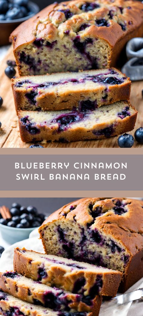 Indulge in a slice of heavenly Blueberry Cinnamon Swirl Banana Bread! 🍌💙 Moist, fluffy, and bursting with blueberries, this bread is a delightful treat for any occasion. Perfectly marbled with cinnamon goodness, it's a must-try recipe! #BananaBread #Blueberry #CinnamonSwirl #BakingDelight #myskinnyrecipes  🍞😋. Banana Bread With Blueberries Recipe, Blueberry Banana Loaf, Banana Bread Recipe With Blueberries, Moist Blueberry Bread, Blueberry Bread Easy, Banana Blueberry Bread Recipe, Lemon Blueberry Cheesecake Cookies, Soda Breads, Banana Blueberry Bread