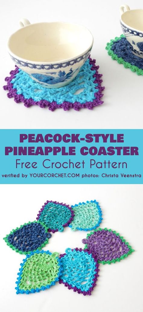 Peacock Style Pineapple Coasters Free Crochet Pattern. This is a very easy project, good for beginners. The funky look for these coasters was created via a nice edging in a contrasting color. You start with a small ring and then you make the peacock pineapple on it. This is the ideal pattern for an elegant and quick handmade gift! #freecrochetpatterns #crochetcoasters #coasters #peacock #pineapple #coaster #diyhomedecor Crochet Edging And Borders Easy, Crochet Bird Coaster, Fish Coasters Crochet Pattern, Pineapple Crochet Coaster, Sea Turtle Crochet Coasters, Crochet Edging And Borders, Succulent Coaster Crochet Pattern, Pineapple Coasters, Peacock Coasters