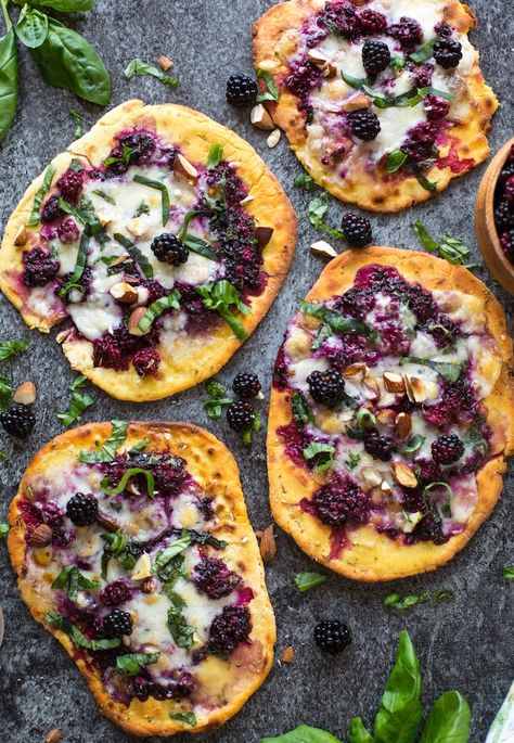 Sweet, salty and perfectly tangy Blackberry Flatbread Pizza - topped with two types of cheese, chopped almonds and fresh basil! | Gluten Free + Vegetarian + Grain Free Blackberry Flatbread, Blackberry Pizza, Healthier Pizza, Flatbread Pizzas, Delicious Gluten Free Recipes, Flatbread Recipes, Flat Bread, Gluten Free Recipes For Dinner, Flatbread Pizza