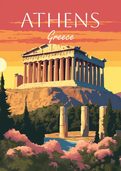 Athens, Greece Poster for your Room Greece Poster Vintage, Vintage Travel Posters Greece, Athens Illustration, Poster For Your Room, Greek Poster, Mediterranean Beauty, Greece Poster, Greek Travel, Western Civilization