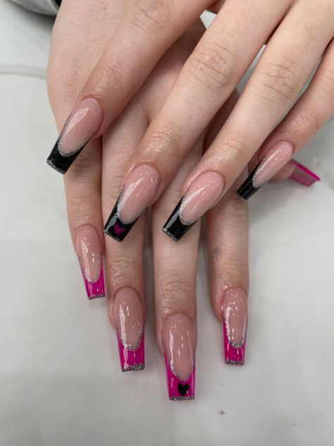 Black French Tip Nails With Pink Glitter, Prom Nails Pink And Black, Hot Pink And Black Nails French Tip, Pink And Black French Tip Nails Coffin, Pink And Black Nails Prom, Pink Nail Designs Coffin Shape, Cute Nails Acrylic Black And Pink, Y2k Nails Acrylic Pink And Black, Black Pink French Nails