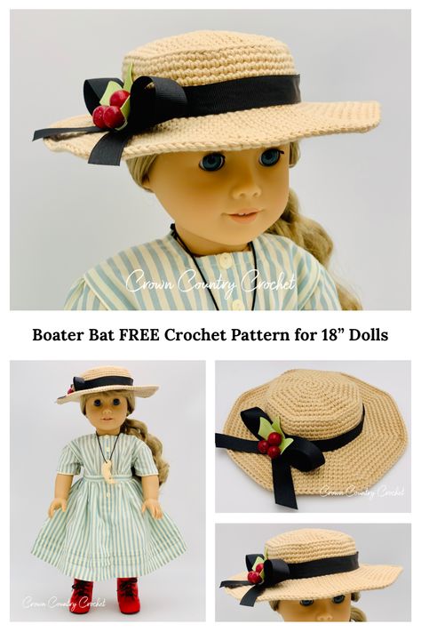 Crocheted Doll Clothes, Crochet Doll Hats Free Pattern, Crochet Doll Hat, Country Crochet, Bed Dolls, Crochet Doll Clothes Free Pattern, Crochet Doll Clothes Patterns, American Girl Crochet, Doll Hats