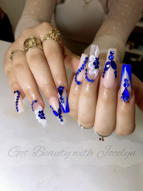 Royal Blue Quinceanera Nails, Royal Blue Nails For Quinceanera, Blue Nails With Rhinestones, Royal Blue And White Nails, Royal Blue Quince Nails, Navy Quince, Royal Blue Nails Acrylic, Royal Blue Acrylic Nails, Flare Acrylic Nails