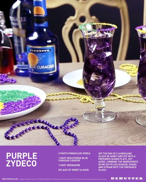 Happy Fat Tuesday! Here's a festive new Mardi Gras cocktail to celebrate. Combine 2 parts Pinnacle Vodka, 1 part DeKuyper Blue Curacao and 1 part Grenadine with a splash of sweet and sour. Fat Tuesday Cocktails, Purple Liquor Drinks, Mardi Gras Foods, Fat Tuesday Drinks, Mardi Gras Brunch, Happy Fat Tuesday, Mardi Gras Party Food, Mardi Gras Cocktails, Mardi Gras Drinks