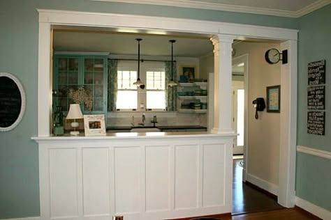 Knee Wall Ideas Kitchen, Take Down Wall In Kitchen, Kitchen Breakfast Bar Ideas Half Walls, Kitchen Peninsula With Support Post, Kitchen Pass Through Ideas, Wall Between Kitchen And Living Room, Half Wall Kitchen, Kitchen Pass Through, Kitchen Pass