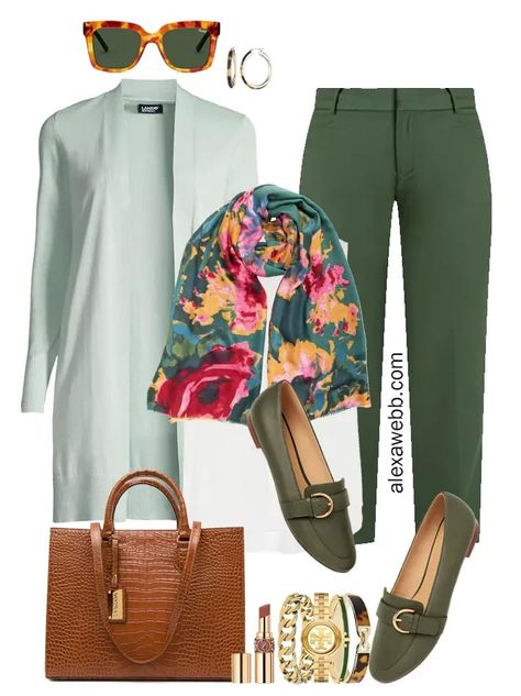 2021 Plus Size Fall Work Capsule Wardrobe by Alexa Webb. This is just part one of a series. This business casual outfit idea features green pants, a mint cardigan, and a floral scarf. Mint Cardigan Outfit, Teal Sweater Outfit, Plus Size On A Budget, Business Professional Dress Code, Green Cardigan Outfit, Plus Size Work Wear, Apple Body Shape Fashion, Mint Cardigan, Business Professional Dress