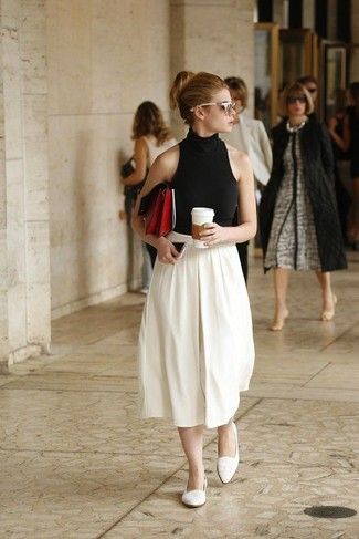 Black Sleeveless Turtleneck & White Circular Skirt Turtleneck Sleeveless Outfit, Sleeveless Turtleneck Outfit, Black Turtleneck Outfit, Turtleneck Outfits, Turtleneck Outfit, Corporate Attire, Sleeveless Outfit, Pointy Toe Flats, Event Outfit