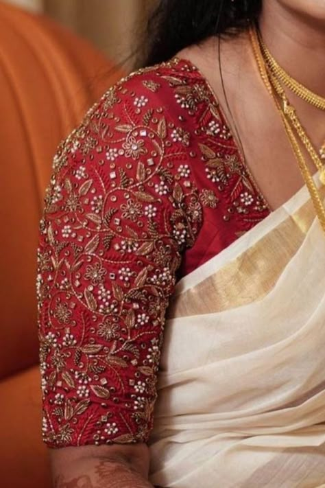 https://myfashioncorners.blogspot.com/ Bridal Zardosi Blouse Designs, Red Bridal Blouses, Trendy Work Blouse Designs, Zardosi Embroidery Blouse Weddings, Red Embroidery Blouse, Gold Saree With Red Blouse, Latest Zardosi Work Blouse Designs, Bridal Blouse Designs Heavy Work Red, Unique Bridal Blouse Designs