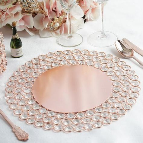 Glass Chargers – tableclothsfactory.com Quince Decor, Rose Gold Rims, Glass Charger Plates, Gold Chargers, Beaded Crown, Party Tables, Rainbow Wedding, Wedding Items, Charger Plate