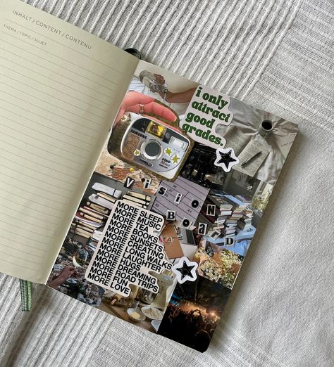 my 2024 vision board in my leuchsttrum 1917 notebook Vision Board In Notebook, Common Place Notebook, Vision Board Notebook, 2024 Journal, Wish Board, 2024 Vision Board, Commonplace Book, Sketchbook Ideas, 2024 Vision