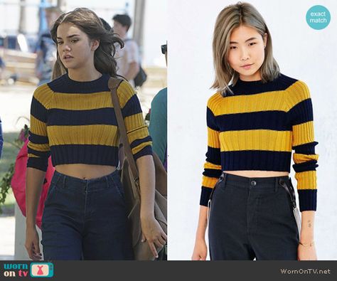 Callie’s navy and yellow striped cropped sweater on The Fosters.  Outfit Details: https://wornontv.net/55966/ #TheFosters The Fosters Callie Outfits, Callie Jacob Outfits, The Fosters Callie, Callie Jacob, Mariana Foster, Striped Cropped Sweater, Tv Outfits, Maia Mitchell, Bailee Madison