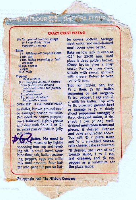 Here's an old one for you.  The original recipe for Crazy Crust Pizza was from a bag of Pillsbury flour when you could buy one for twenty... Pour Pizza Crust, Crazy Pizza Crust Recipe, Crazy Crust Pizza Dough Recipe, Pourable Pizza Crust, Crazy Crust Pizza Recipe, Crazy Crust Pizza, Crazy Dough, Dough Pizza, Pizza Ideas