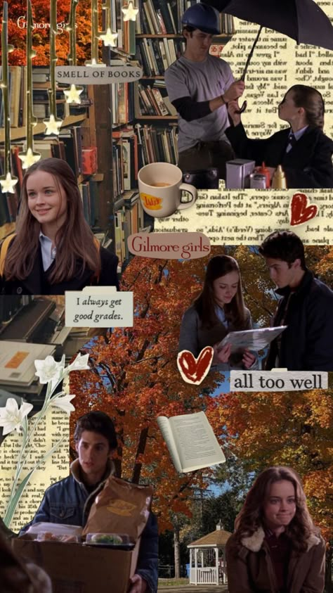 Rory Gilmore Collage, Jess From Gilmore Girls, Jess From Gilmore, Gilmore Girls Collage, Rory Gilmore Fall, Gilmore Girls Stars Hollow, Rory Jess, Fall Collage, Rory Gilmore Style