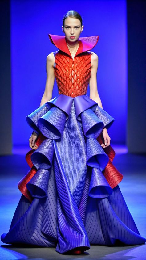 Woman in a futuristic couture gown featuring sculpted red and blue layers, showcased at a fashion week event Avante Garde Outfit, Fashion Avant Garde, How To Wear Thigh High Boots, Edge Styles, The Best Foundation, High Fashion Trends, Couture Gown, Futuristic Fashion, Best Foundation