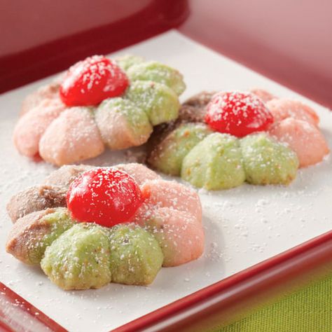 Spumoni Spritz Cookies - The Pampered Chef® Spritzer Cookies, Desserts Italian, Christmas Spritz, Spumoni Ice Cream, Press Cookies, Cookie Press Recipes, Pampered Chef Cookie Press, Spritz Cookie, Spritz Cookie Recipe