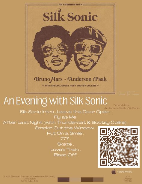 Minimalist Album Cover w/ QR code An Evening With Silk Sonic, Silk Sonic, Bootsy Collins, Anderson Paak, R&b Soul, Bruno Mars, Special Guest, Apple Music, Qr Code