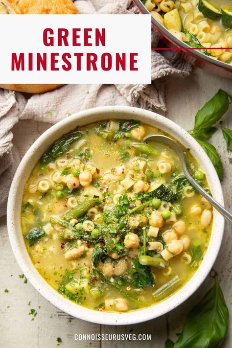 This green minestrone soup is made with vibrant veggies like zucchini, spinach, green beans and peas, along with pasta and beans in a pesto seasoned broth. It's easy to make, super flavorful, and so satisfying! Zucchini Bean Soup, Green Minestrone Soup, Green Minestrone, Meatless Soup, November Meals, Veg Soups, Green Bean Soup, Pasta And Beans, Green Beans Soup