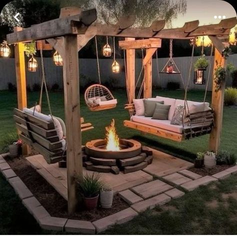 Fire Pit Swings, Patio Grande, Backyard Swings, Backyard Pavilion, In Front Of House, Backyard Fire, Outdoor Swing, Home Landscaping, Outdoor Decor Backyard