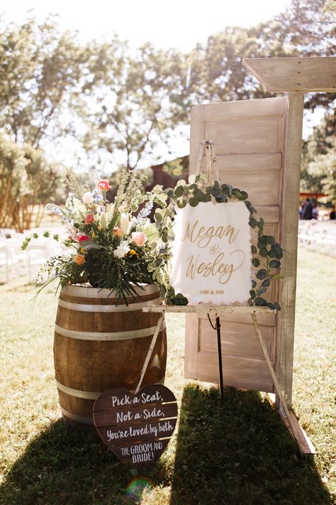 Wedding Alter Wine Barrels, Wedding Ceremony Doors Entrance, Outdoor Wedding Welcome Area, Wedding Welcome Sign Wine Barrel, Wine Barrel Aisle Entrance, Rustic Outdoor Wedding Aisle Ideas, Whiskey Barrel Wedding Decor Entrance, Wedding Aisle Entrance Decor, Doors For Wedding Entrance