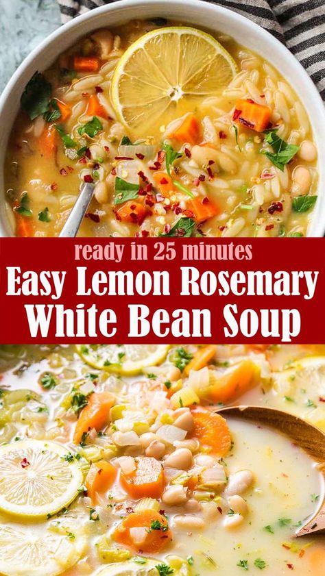 Rosemary White Bean Soup, Lemon Rosemary White Bean Soup, Butter Beans Recipe, Lemon Rosemary Chicken, Lemon Soup, Lemon Rosemary, Rosemary Chicken, Chili Soup, Bean Soup Recipes