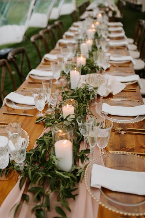 White And Green Backyard Wedding, Greenery Down Table Wedding, Harvest Table Greenery Wedding, Greenery Table Runner Wedding With Candles, Farmwood Tables Wedding, Long Tables At Wedding Reception, Farm Table Runner Wedding, Casual Outdoor Wedding Table Decor, Just Greenery Wedding