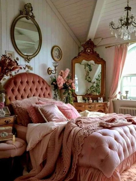 Small Girly Apartment Ideas, Pink And Maroon Bedroom, Half Tester Bed Canopy, Vintage French Apartment, Pink Antique Aesthetic, Pink Antique Bedroom, Pink Whimsical Aesthetic, Girly Vintage Bedroom, Pink Parisian Bedroom