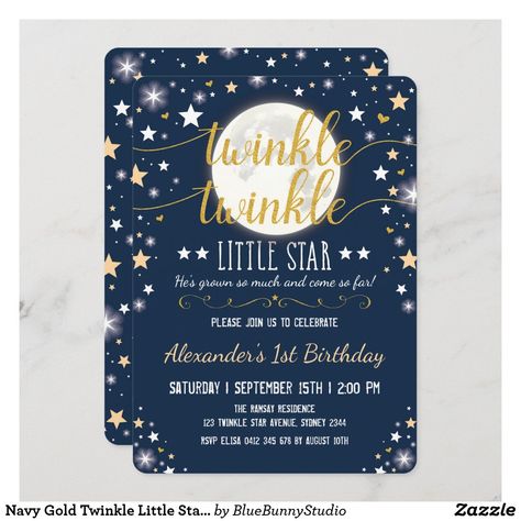 Navy Gold Twinkle Little Star Moon 1st Birthday Invitation Moon Stars Baby Shower, Moon Baby Shower Invitation, Star Baby Shower Theme, Star Baby Shower Invitations, Twinkle Twinkle Baby Shower, Moon Baby Shower, Moon Baby, Baby Shower Invitation Cards, Star Baby Showers