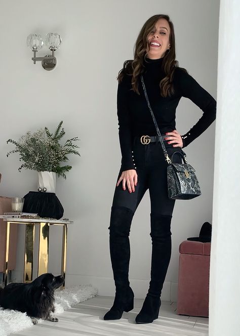 Sydne Style shows how to wear over the knee boots with black jeans  ... see 8 more ways over on the blog! #boots #jeans #blackoutfits #overthekneeboots @sydnesummer Over Knee Boots With Jeans, Black Jean Black Boot Outfits, Knee High Black Boots Outfit Dressy, Over The Knee Boot Outfit 2023, Black Boots Jeans Outfit, Jeans And Knee High Boots Outfit, Flat Over The Knee Boot Outfit, Jeans And Black Boots Outfit, Black Boots With Jeans