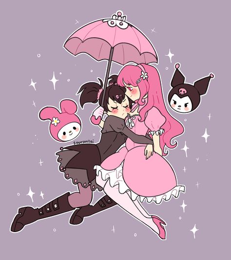 My Melody And Kuromi, Melody And Kuromi, My Melody, Pink Hair, Umbrella, Wallpapers, Hair, Anime, Pink