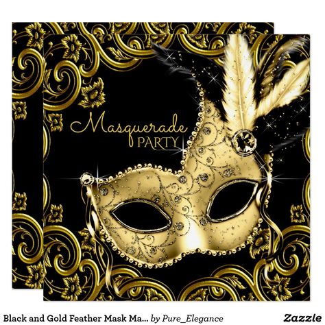 Black and Gold Feather Mask Masquerade Party Invitation Quinceanera Masquerade, Sweet 16 Masquerade Party, Masquerade Invitations, Masquerade Party Invitations, Masquerade Ball Party, Theme Carnaval, Surprise Party Invitations, Feather Mask, 16th Birthday Invitations