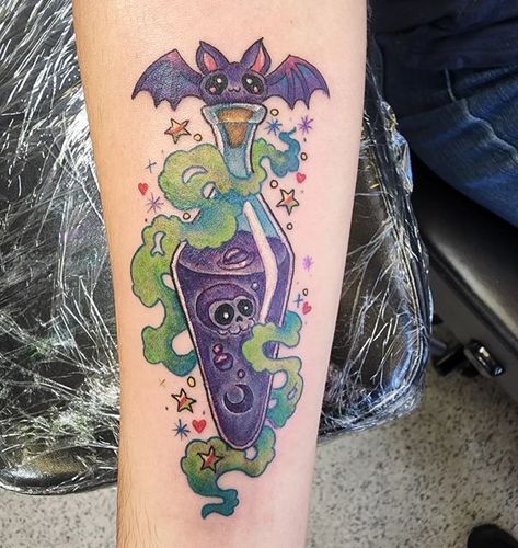 Pastel Halloween Tattoo, In A Bottle Tattoo, Tattoo Aesthetics, Lower Arm Tattoos, Gothic Tattoos, Halloween Flash, Hippie Tattoo, Ink Therapy, Bottle Tattoo