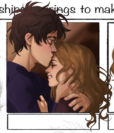 Harry Potter Kiss, Hermione Fan Art, Harmony Harry Potter, Harry Potter Crossover, Harry And Ginny, Harry And Hermione, Anime Cupples, Harry Potter Ships, Harry Potter Drawings