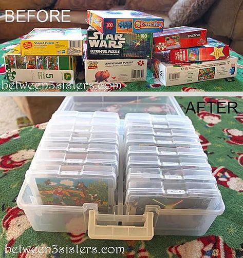 Too many toys? Get on top of the clutter with these cheap and easy storage tips for organizing your little one’s toys. Organize Puzzles, Puzzle Organizer, Organize 365, Lego Storage Organization, Puzzle Organization, Playroom Makeover, Lego Organization, Puzzle Storage, Board Game Storage