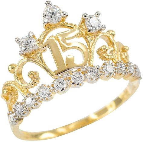 PRICES MAY VARY. FIT FOR A PRINCESS - This stunning 10KT yellow gold quinceanera ring is the perfect way to celebrate the young woman who will always be your princess. The CZ studded open tiara is emblazoned with the number 15 at the heart of the crown accented by gems. This royal tribute is the perfect way to celebrate her special cumpleanos. This gift will remind her that no matter how grown up she is, she will always be your princess. DAZZLING SPARKLE - This gorgeous solid 10KT yellow gold je Quinceanera Jewelry, Quinceanera Crown, Rose Gold Crown, Black Hills Gold Jewelry, Princess Ring, Black Hills Gold, Sweet 15, Crown Ring, Morganite Engagement